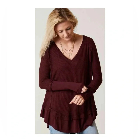 WE THE FREE Burgundy Thermal Long Sleeve V-Neck Top Small‎ - Picture 5 of 11